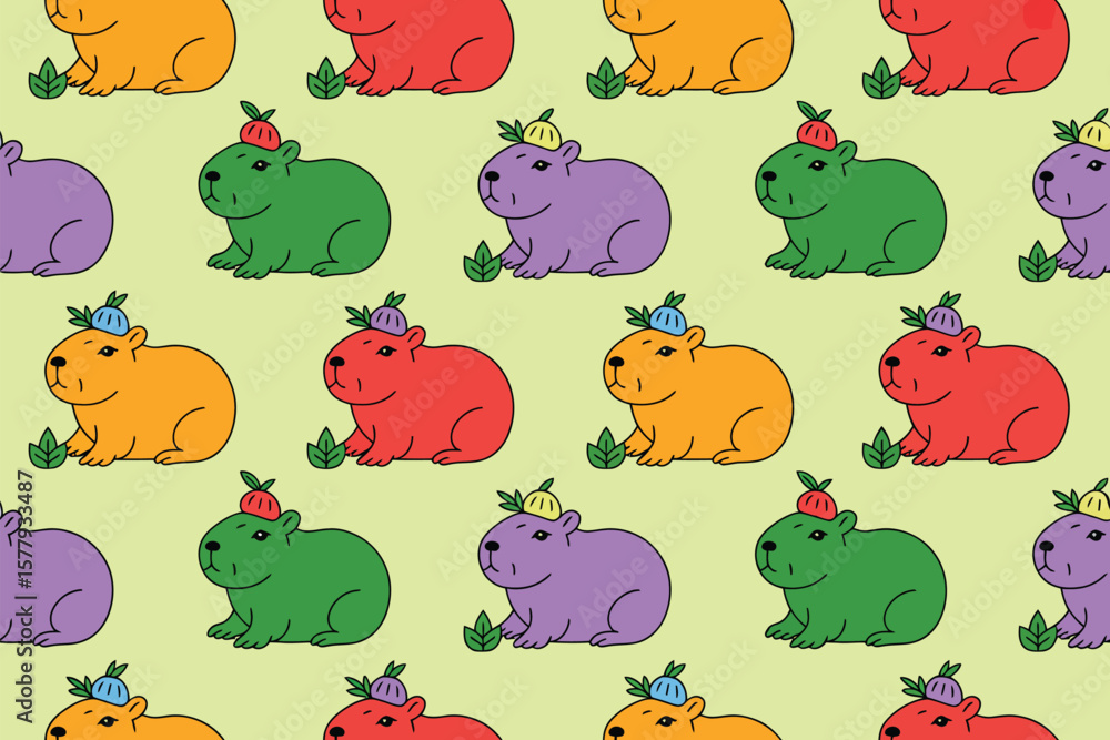Poster a repeating pattern of colorful capybaras with fruit hats on a light green background illustration
