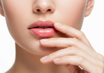 Obraz premium A woman lips are full, shiny, and a light pink tint. A hand is gently touching her lips.