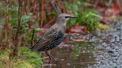 Fototapeta premium Starling by a puddle in autumn foliage