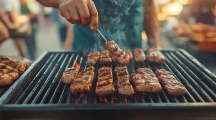 Grilling Delicious Meat on Barbecue with Smoke in Outdoor Setting