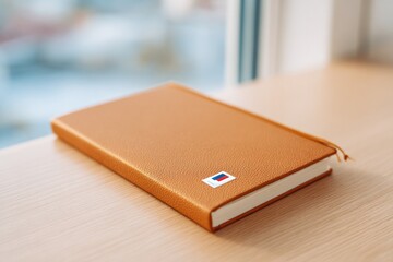 notebook cover with flag sticker resting on library desk