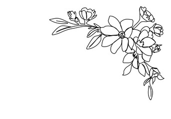 Floral corner frame, one line drawing vector illustration.