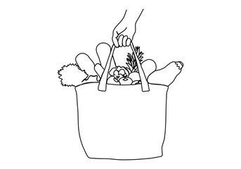 Shopping bag with grocery. One line drawing vector illustration.