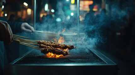 Grilling Skewers Over Open Flame at Night Market with Smoke