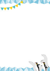 白熊とペンギンがいる氷の縦型のフレームイラスト_青_2
