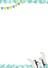 白熊とペンギンがいる氷の縦型のフレームイラスト_緑_2
