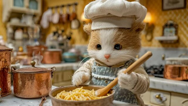 Adorable ginger and white cat wearing chef hat stirring pasta in kitchen, cooking concept, stop motion footage.