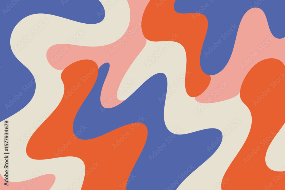 Poster abstract wavy shapes in blue orange pink and cream creating a seamless retro style pattern design