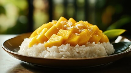 Delicious Mango Sticky Rice with Coconut Flakes on a Wooden Table
