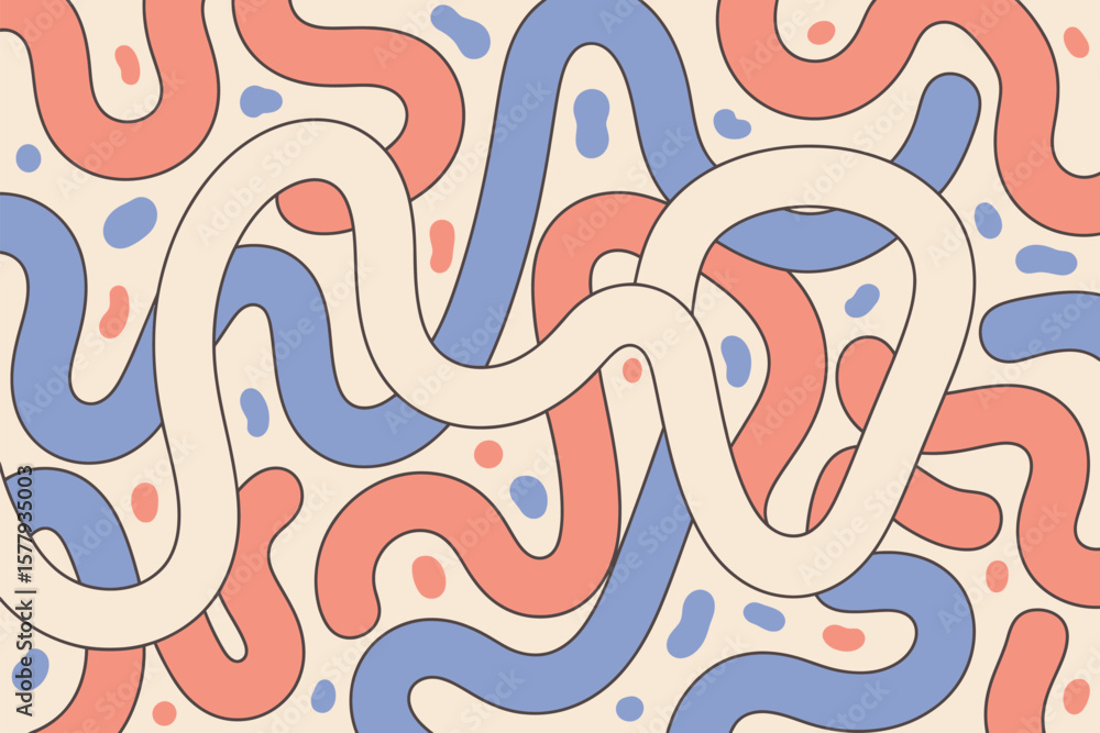 Poster a playful pattern of intertwined lines in pastel colors on a light beige background with small dots 