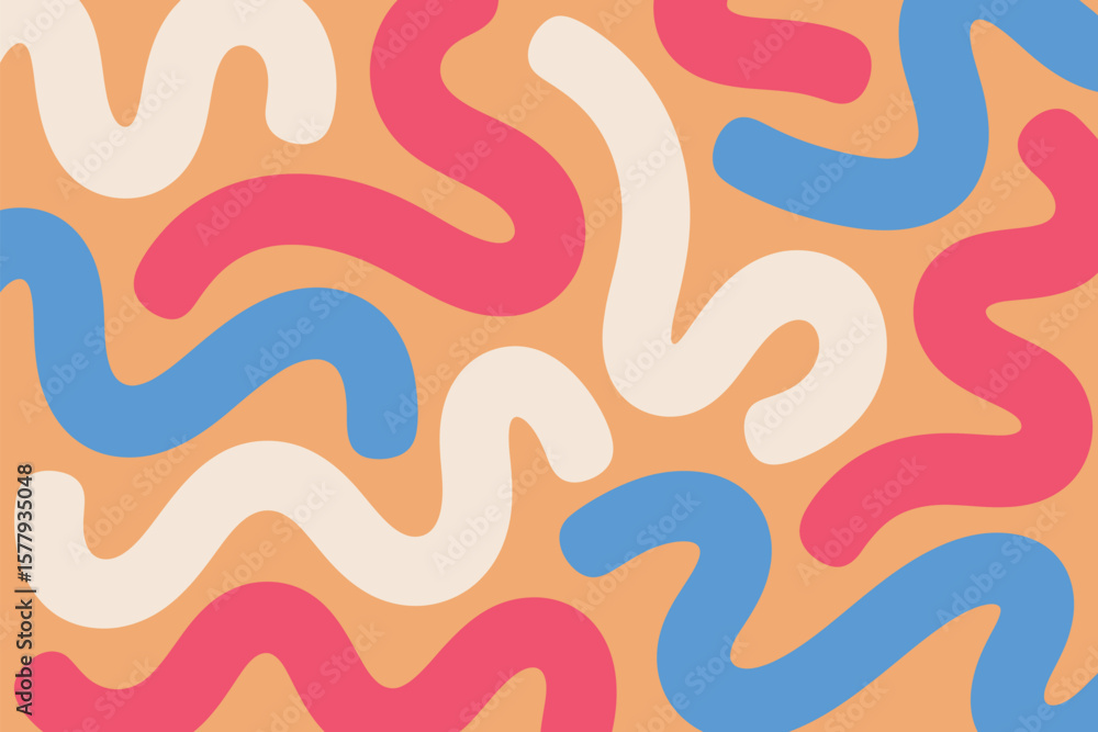 Poster abstract background with curved lines in pink white and blue on a peach colored background design st