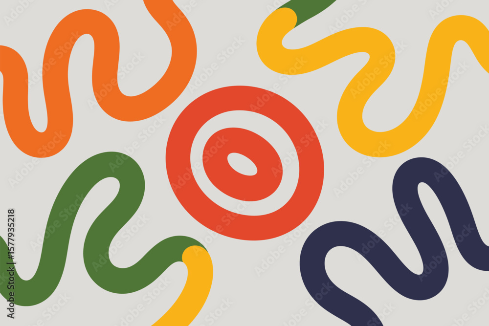 Poster abstract design with colorful wavy lines and a concentric circle on a light background art piece