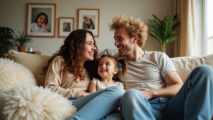 Happy family smiling together on a couch in a cozy living room setting