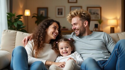 Obraz premium Happy family sitting on a couch together in their living room smiling