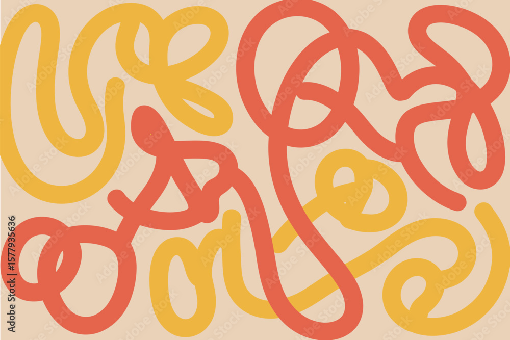 Poster abstract background with intertwined red and yellow lines on a beige colored surface design art