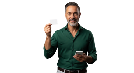 Smiling Man Holding Blank Card and Smartphone for Online Payments isolated on transparent background png