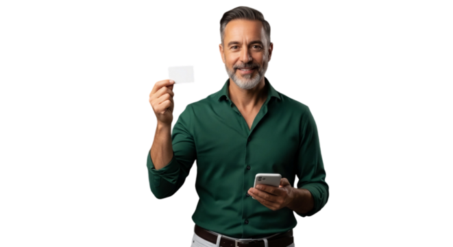 Smiling Man Holding Blank Card and Smartphone for Online Payments isolated on transparent background png