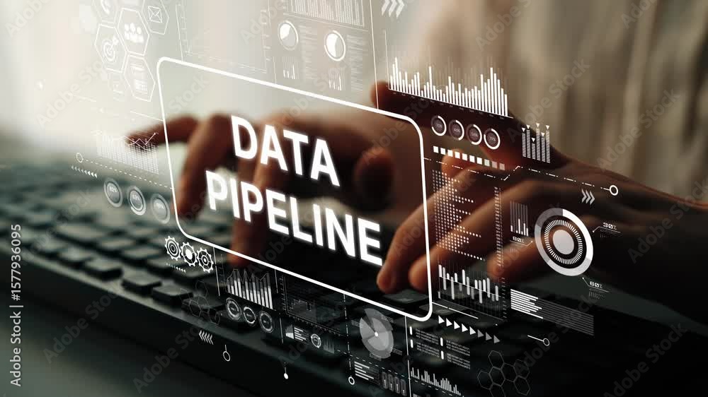 Poster focus on data pipeline concept with digital interface and hands typing on keyboard in modern workspa