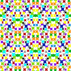 Abstract colorful geometry seamless pattern. Mosaic tile of multicolored rainbow bricks on white background. Collage of pointed squares. Cheerful and bright ornamental background.
