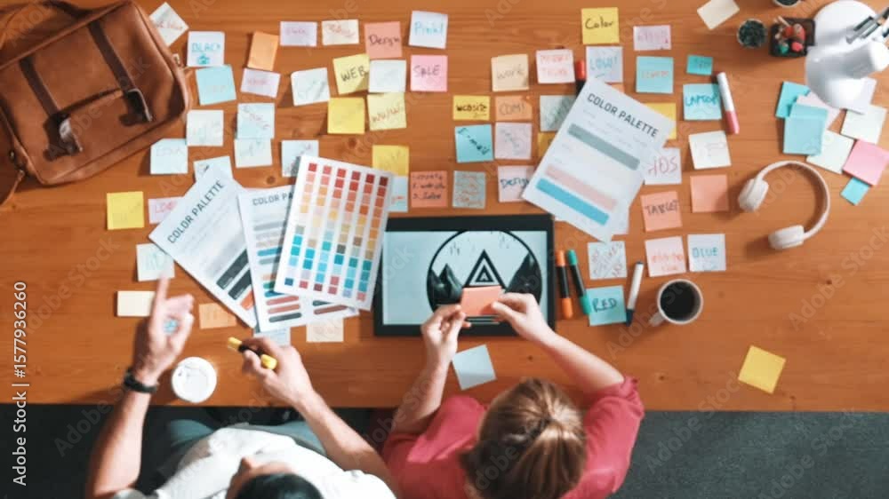 Poster top view of smart designer holding color palette while project manager looking at design and choosin