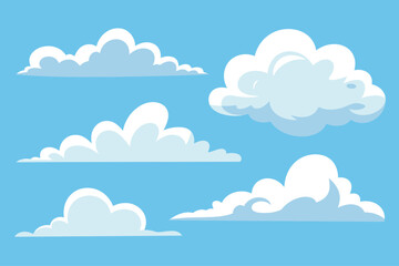 A cartoon illustration of five fluffy white clouds floating in a bright blue sky on a sunny day outdoors