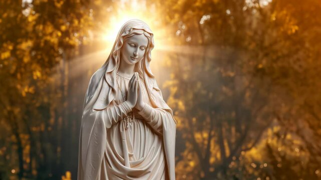 Statue of Mary Magdalene, with a halo made of beautiful sunlight and forest landscape background behind it