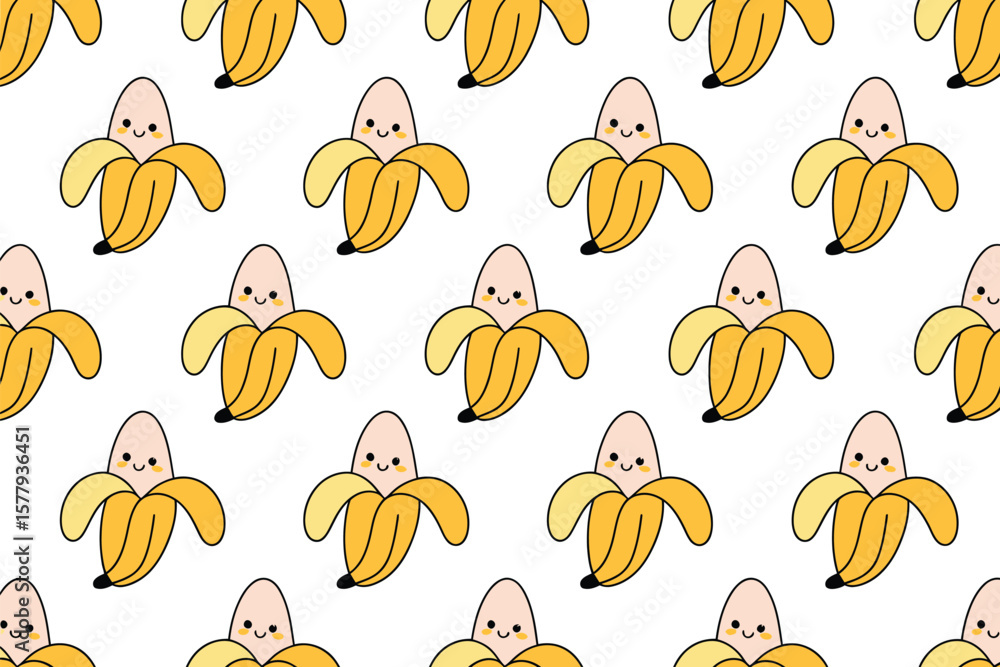 Poster repeating pattern of cartoon bananas with smiling faces on a white background in a seamless design