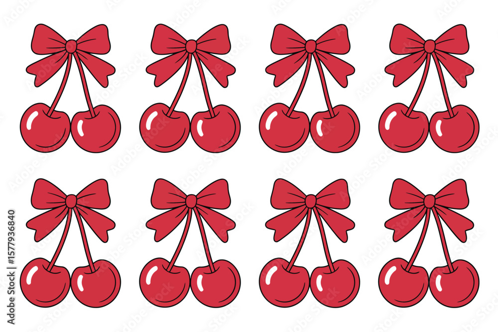 Poster a pattern of eight cartoon red cherries tied with red bows isolated on a white background in a grid 