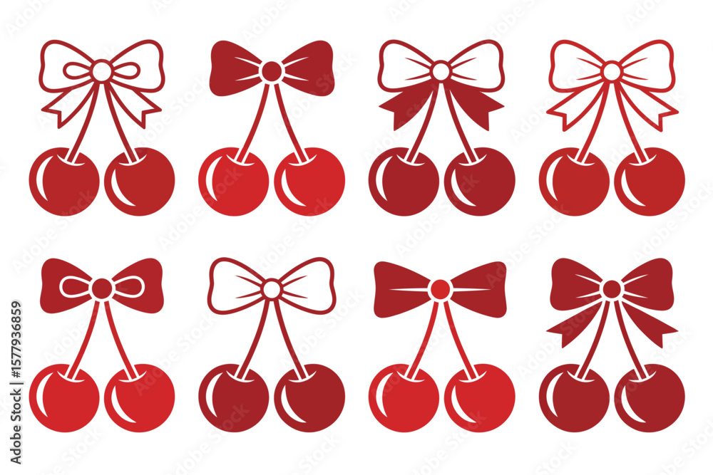 Aufkleber a pattern of eight red cherry icons each adorned with a bow on a white background in a simple style