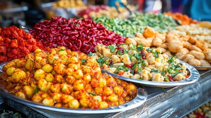 Obraz premium Vibrant Indian Street Food Spread with Snacks and Spices Displayed