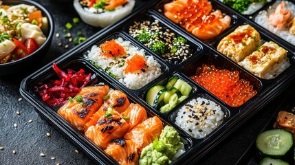 Vibrant Japanese Cuisine Display with Sushi, Rice, and Fresh Ingredients