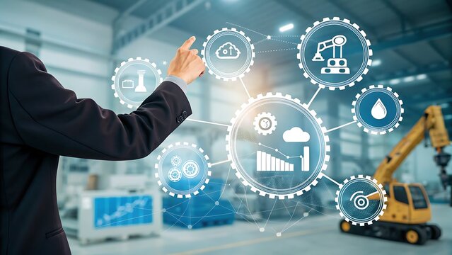 Automated process control with connected systems using digital interfaces and an industrial environment showing business transformation and innovation.