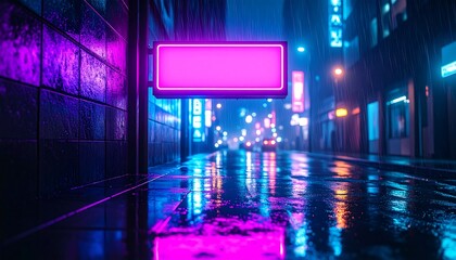 Neon pink sign on rainy city street