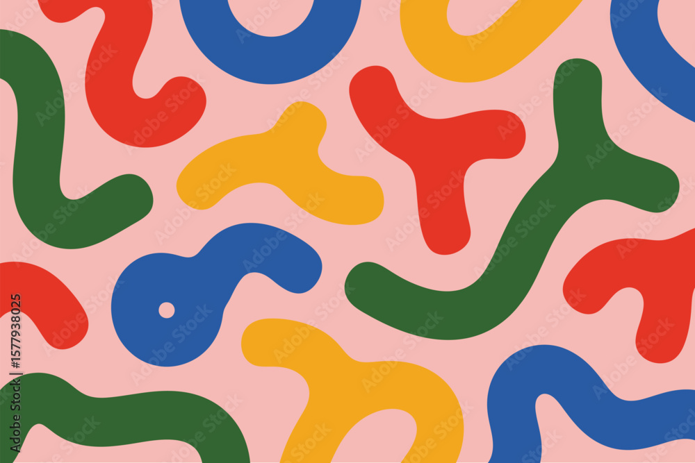 Poster a playful background pattern featuring colorful organic shapes on a light pink background creating a