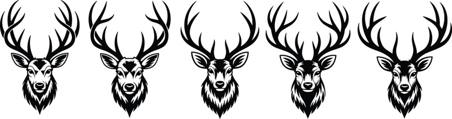 Naklejka premium Majestic deer head vector art, nature illustration, wildlife design, antlers artwork, black and white graphic, forest animal clipart