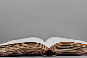 Almost symmetrically opened antique book lying flat with visible deckled edges, centered against a...