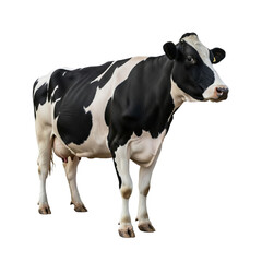 Standing gracefully, a dairy cow with distinct black and white markings is presented against a stark black background, highlighting its presence.