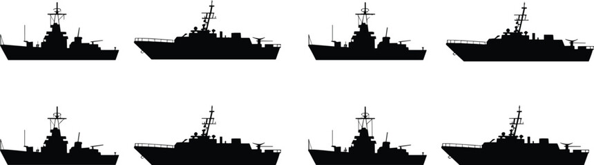 Naval warship silhouette vector, oceanic military vessel collection, defense fleet illustration, sea combat icon set, maritime graphic design © Rifat Creatives