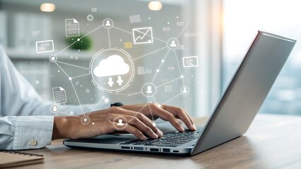 Data Management and Connectivity: Person Working on Laptop with Digital Network Overlay for Enhanced Communication and Data Security.