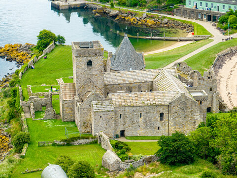Aerial view of Inchcolm Abbey was established on this island originally as a priory by David I in 1140. It is the best-preserved group of monastic buildings in Scotland