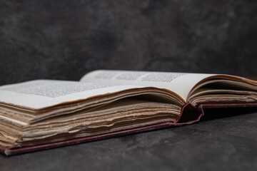 Open antique book with deckled edges, shallow focus on page edges