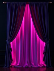 Purple and pink curtains hang with soft lighting, creating a dramatic and elegant visual effect