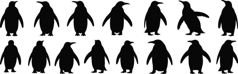 Naklejka premium Penguin silhouette vector art, walking and standing bird poses, wildlife clipart illustration, nature animal design, black and white graphic