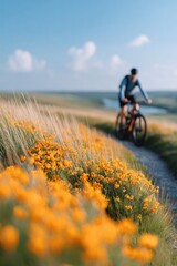 portrait of cyclist riding along meadow track under summer sky wildflowers brushing wheels