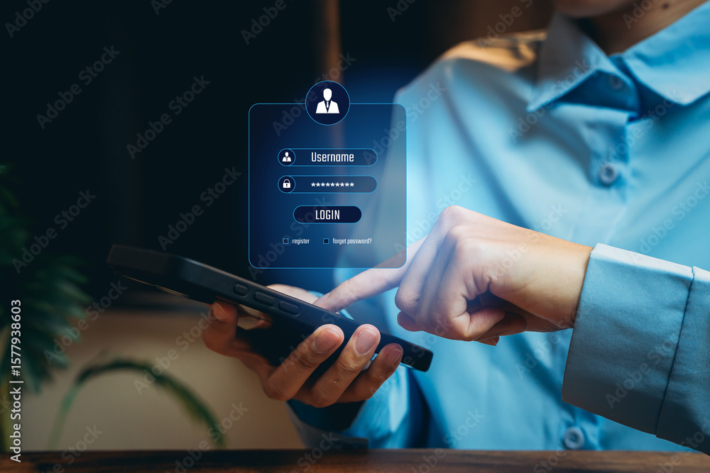 Poster user interface for mobile login with username and password entry on smartphone in modern digital env