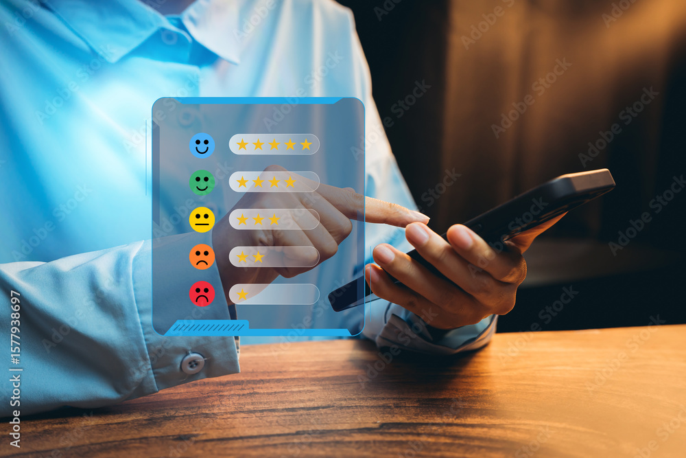 Poster user providing feedback on smartphone with colorful rating emojis and review interface in modern dig