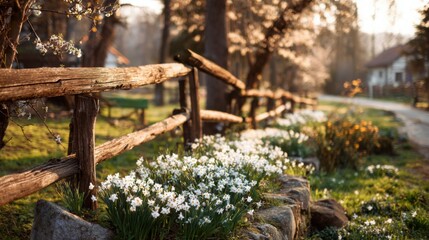 Wooden Fence with Blooming Spring Garden