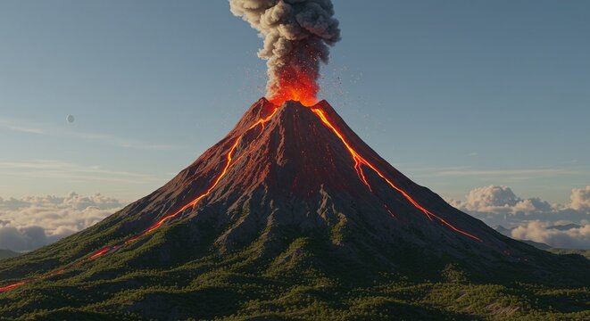 Active Erupting Volcano with Lava Flow and Smoke in Natural Landscape