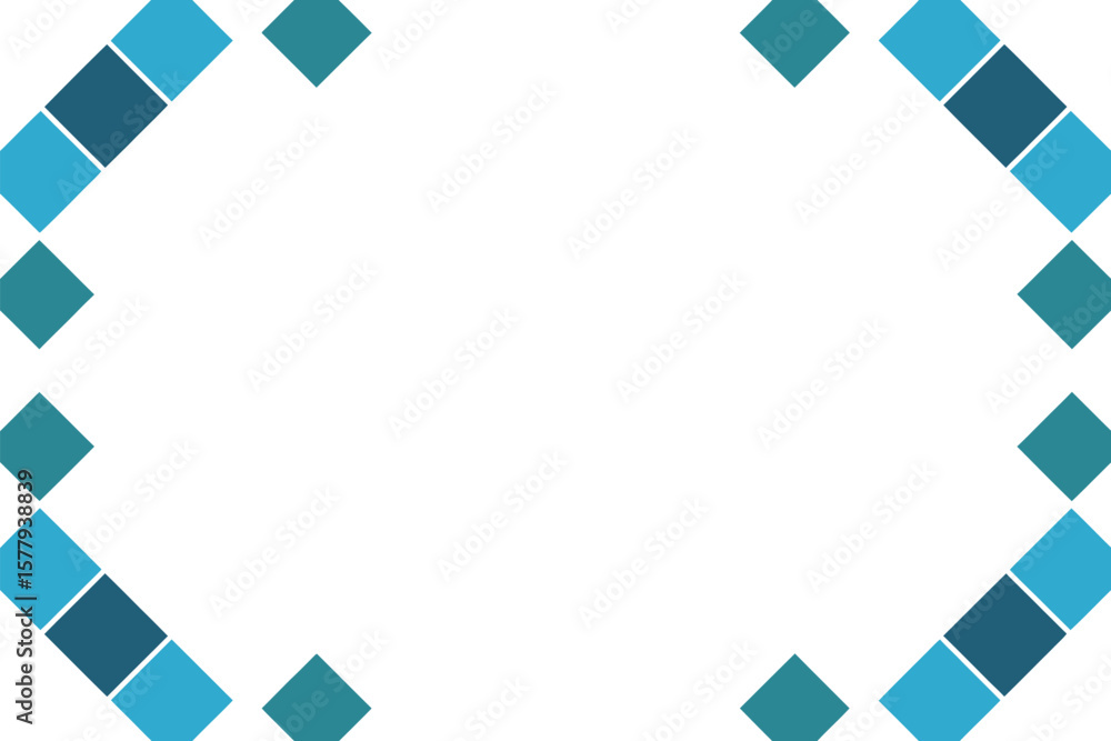 Poster abstract frame made of blue and teal squares on a white background forming an open rectangular shape