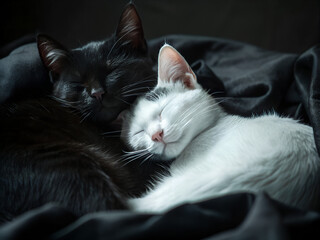 Black and White Cats Cuddling Together in Peaceful Sleep on a Cozy Blanket